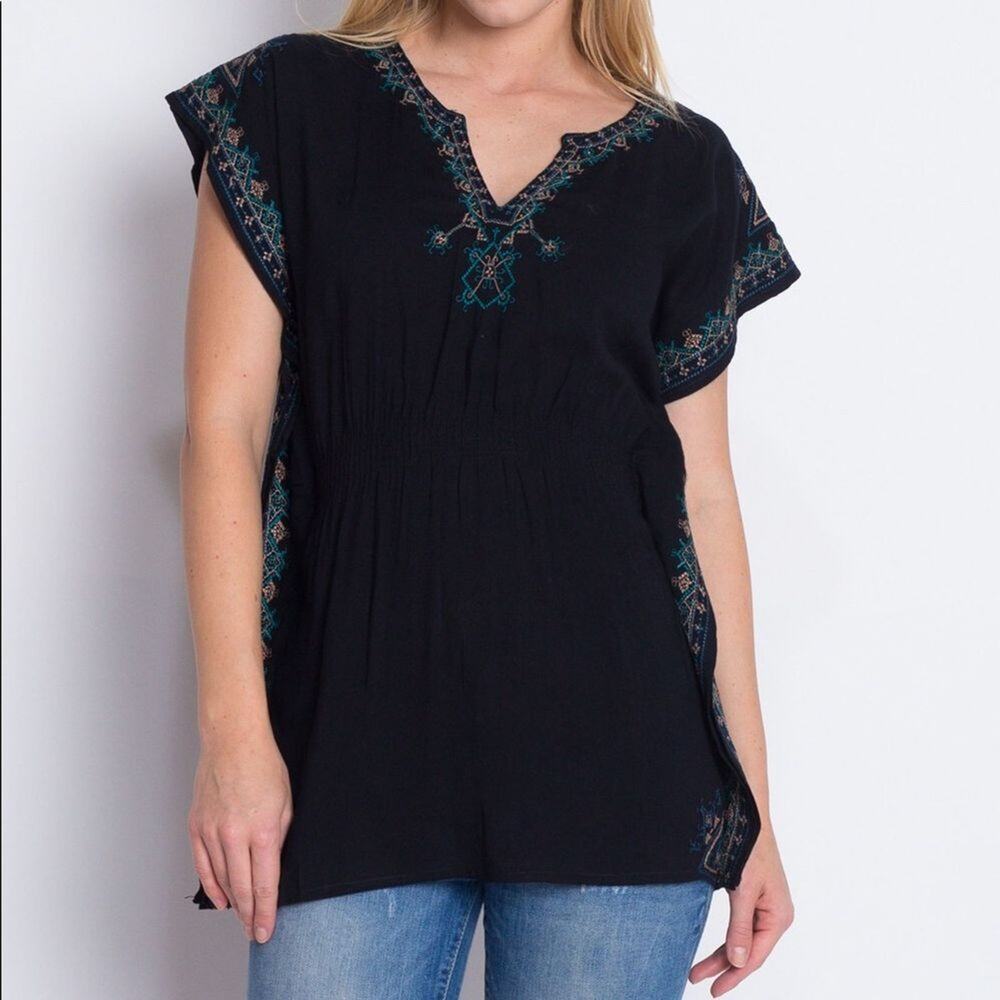 Black Embroidered Kaftan Top Blouse Tunic